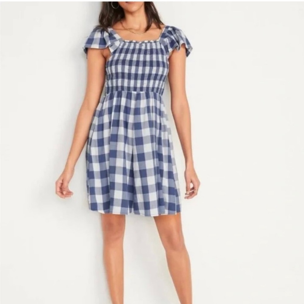 Old Navy Smocked Flutter Sleeve Fit And Flare Gingham Dress